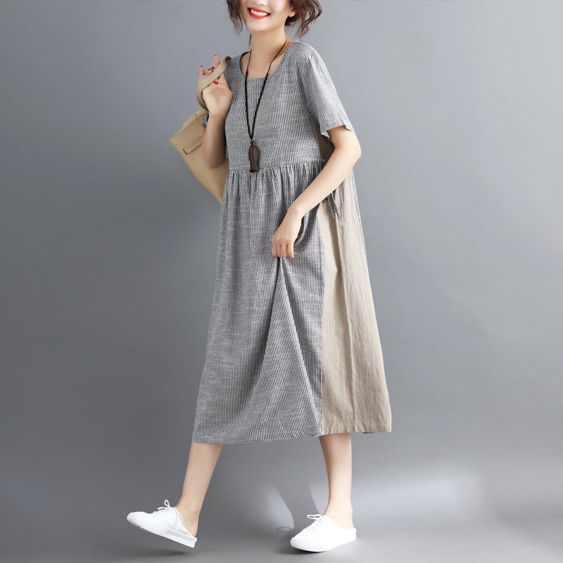Striped Midi Cotton Linen Dresses Traveling Dress Short Sleeve Tie Waist V Neck Cotton Linen Clothing
