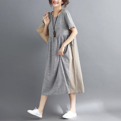 Striped Midi Cotton Linen Dresses Traveling Dress Short Sleeve Tie Waist V Neck Cotton Linen Clothing