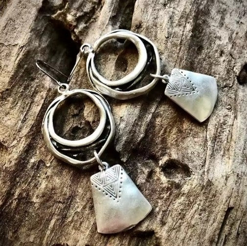 Silver Hanging Square Carving Dangle Earrings