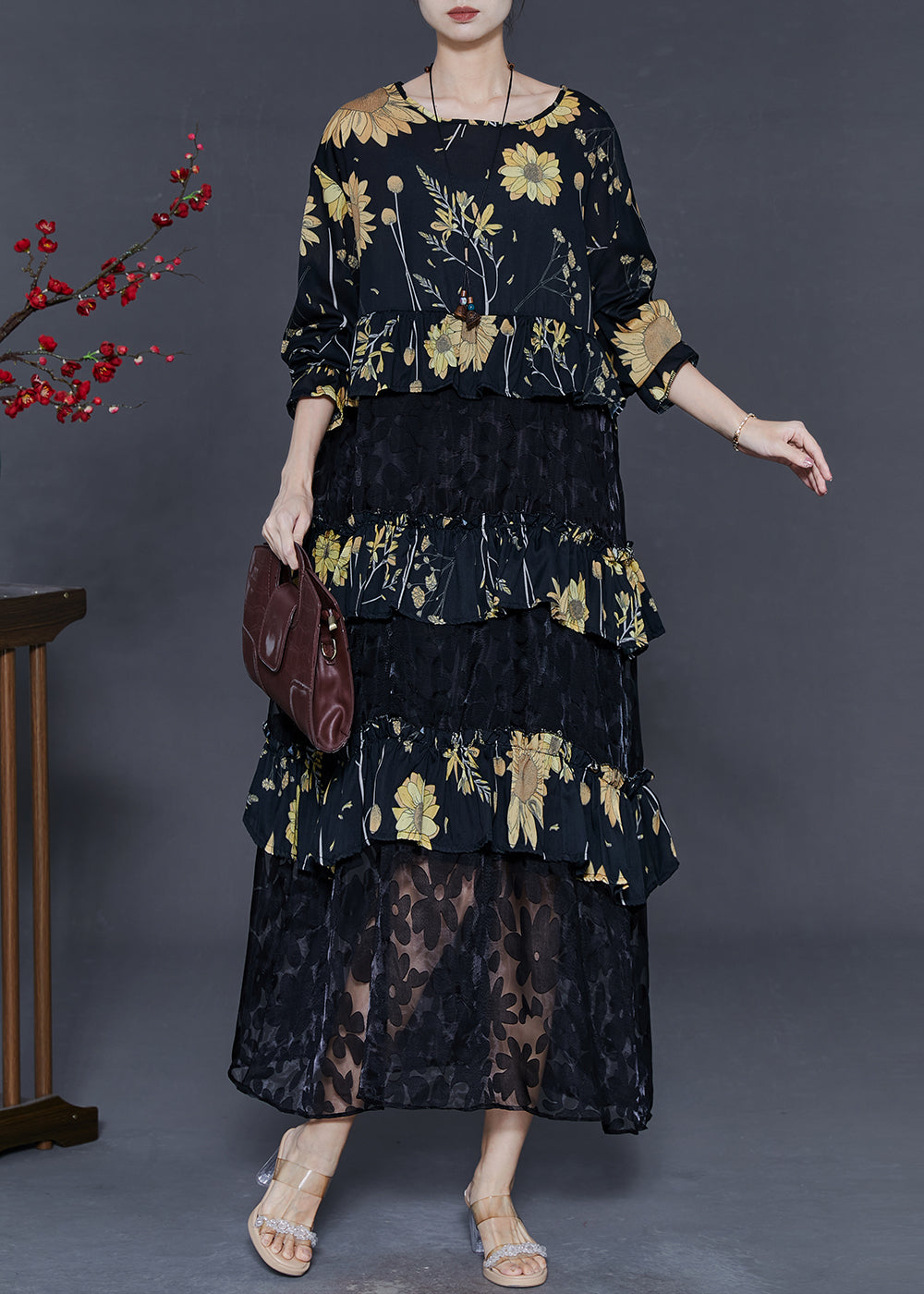 Black Print Patchwork Lace Vacation Dresses Fall
