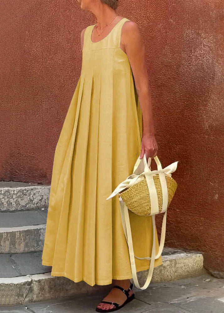 Simple Apricot Wrinkled Cotton Long Dress Sleeveless