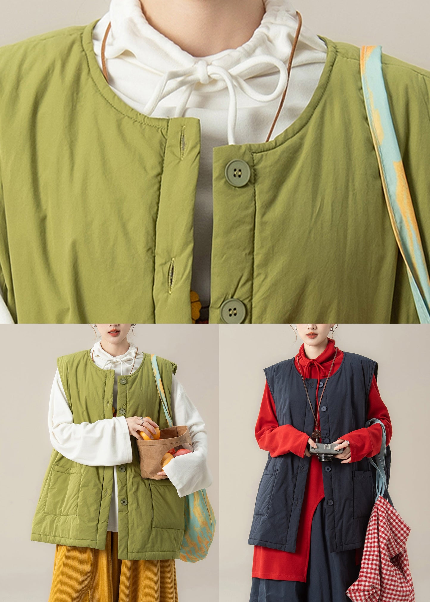Navy Blue Patchwork Fine Cotton Filled Waistcoat and Red Top Two Piece Set Winter