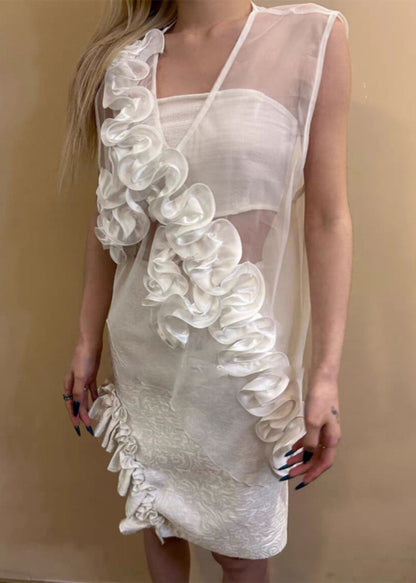 Black V Neck Ruffled Original Design Tulle Top Sleeveless