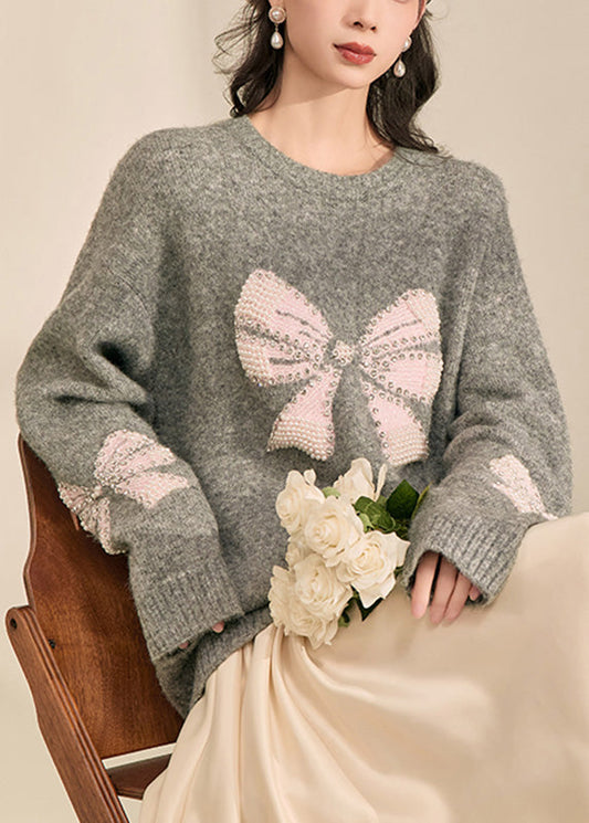 Loose Grey O-neck Bow Cozy Cotton Knit Sweater Tops Fall