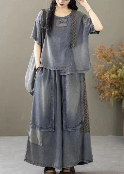 New Blue Pockets T Shirt and Wide Leg Pants Denim Two Pieces Set Summer