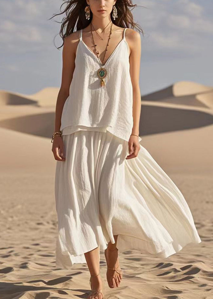White V Neck Patchwork Cotton Spaghetti Strap Dress Summer