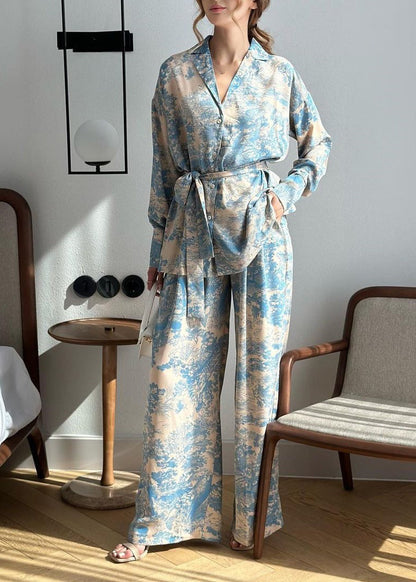 French Print Long Sleeved Lace Up Shirt and Wide Leg Pants Set