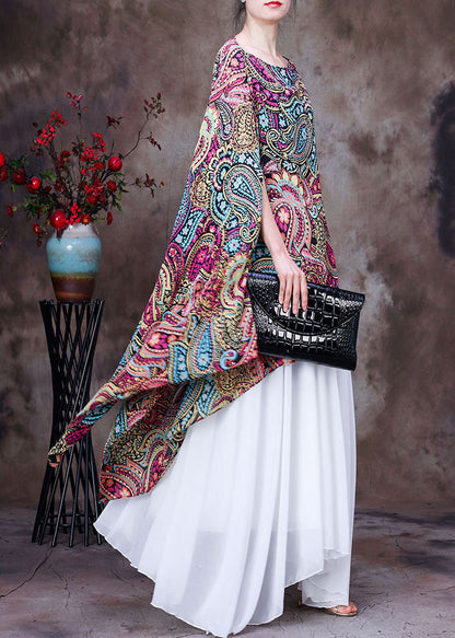 Red Print Asymmetrical Design Chiffon Top Batwing Sleeve