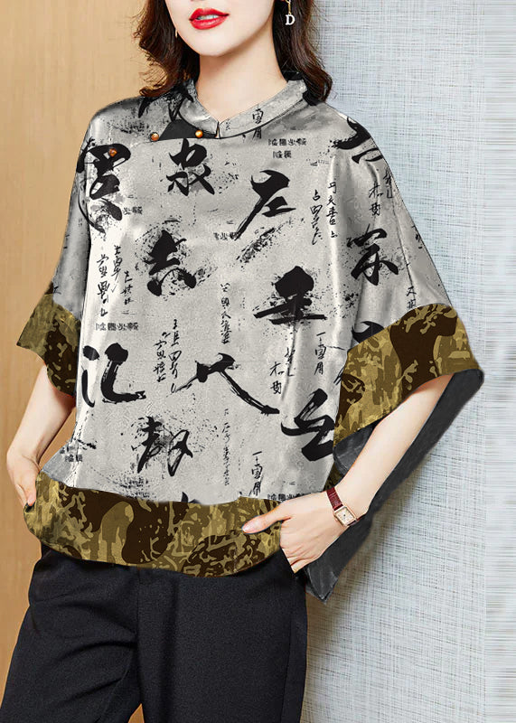 Black Mandarin Collar Asymmetrical Patchwork Jacquard Silk Shirts Batwing Sleeve