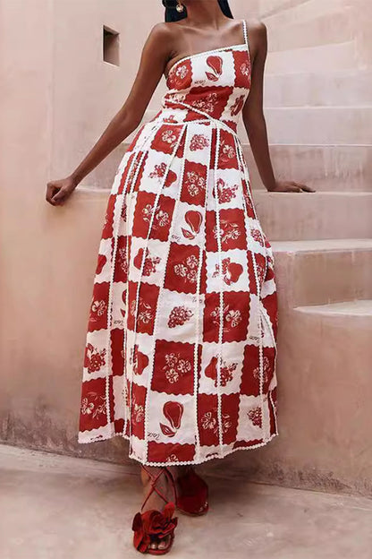 Fruit Print Lace Patchwork Oblique Collar Irregular Dresses