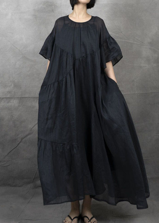 Black Wrinkled Patchwork Maxi Dress Short Sleeve