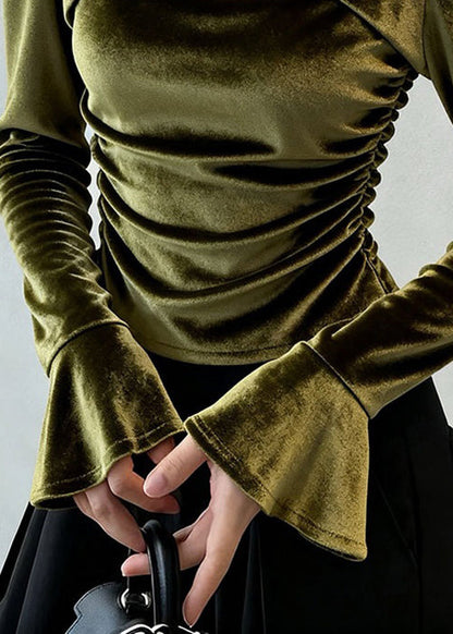 Green Wrinkled Hollow Out Silk Velour T Shirt Flare Sleeve