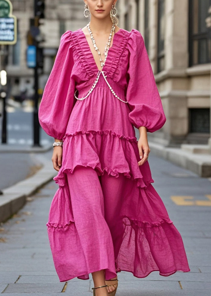 Rose V Neck Ruffled Cotton Ankle Dress Fall