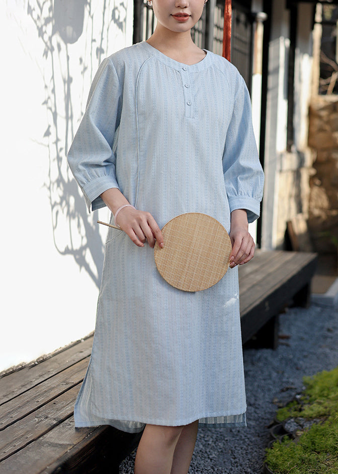 Baby Blue O Neck Jacquard Cotton Dress Spring