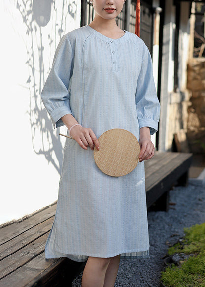 Baby Blue O Neck Jacquard Cotton Dress Spring