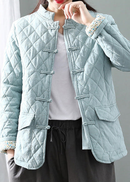 Blue Stand Collar Plaid Button Thick Parka Winter