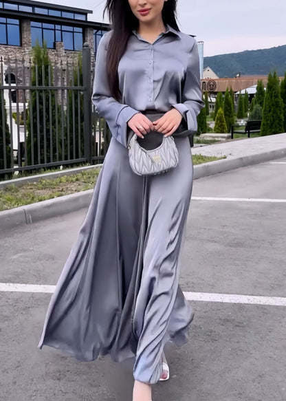 Italian Grey Peter Pan Collar Shirts and Skirts Silk Two Pieces Set Spring