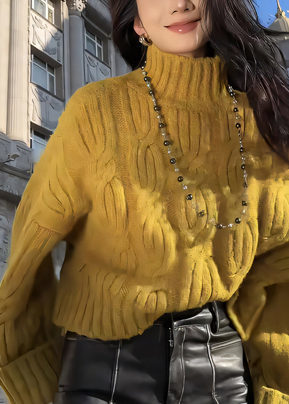 Yellow Turtleneck Cozy Cable Knit Sweaters Winter