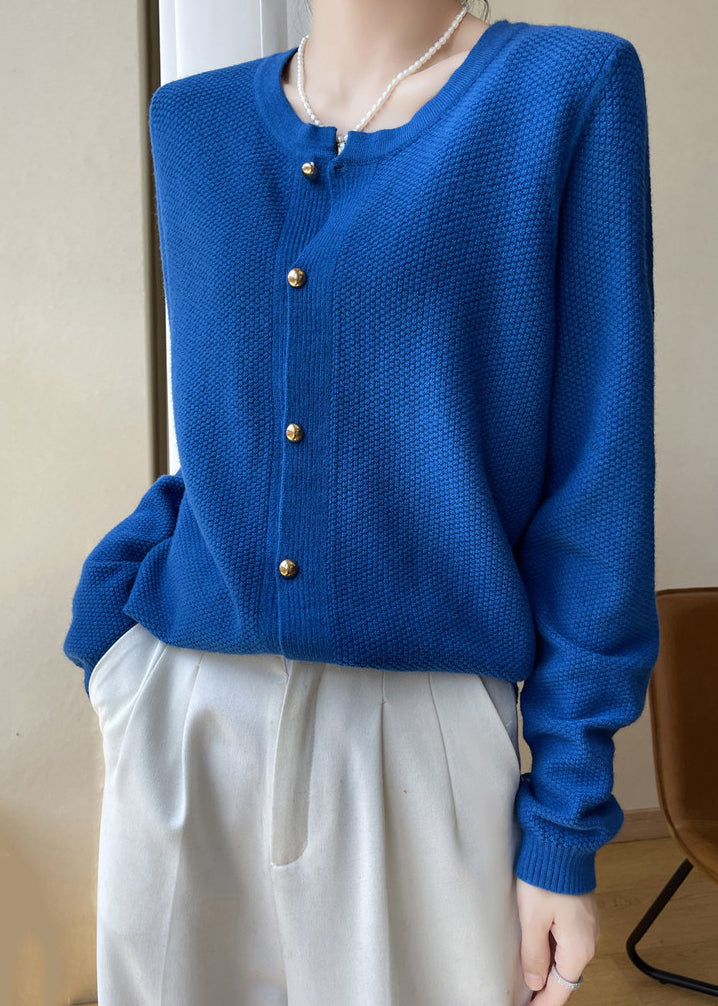 Blue O Neck Button Patchwork Cotton Knit Coats Fall