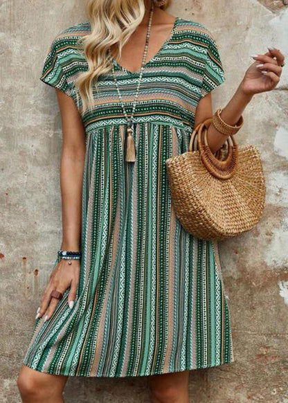 Blue V Neck Striped Cotton Mid Dress Summer