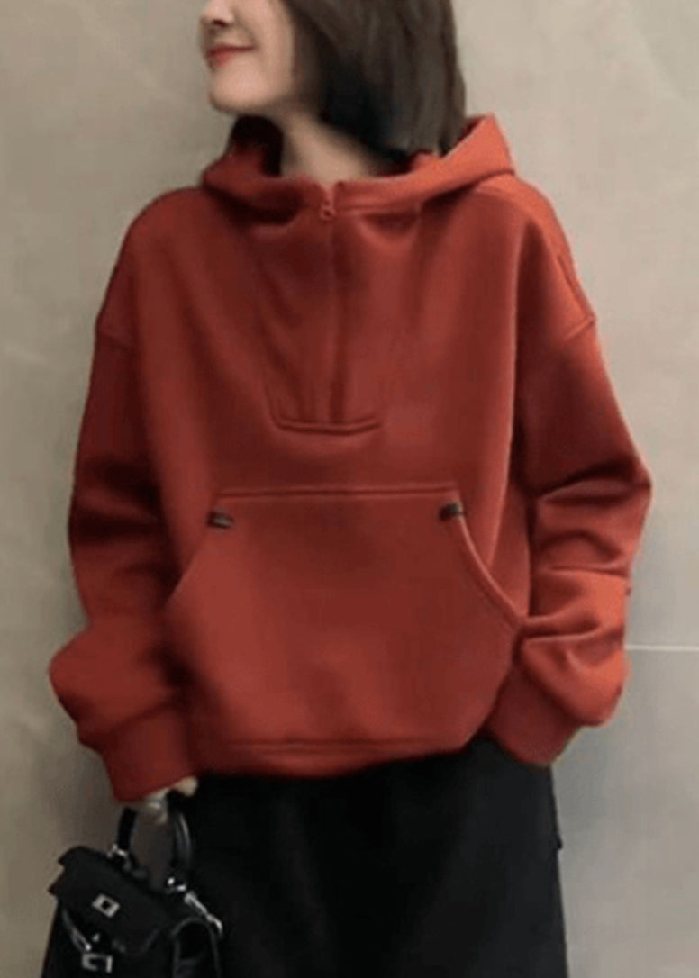 Loose Red Hooded Zippered Pockets Cotton Sweatshirt Spring