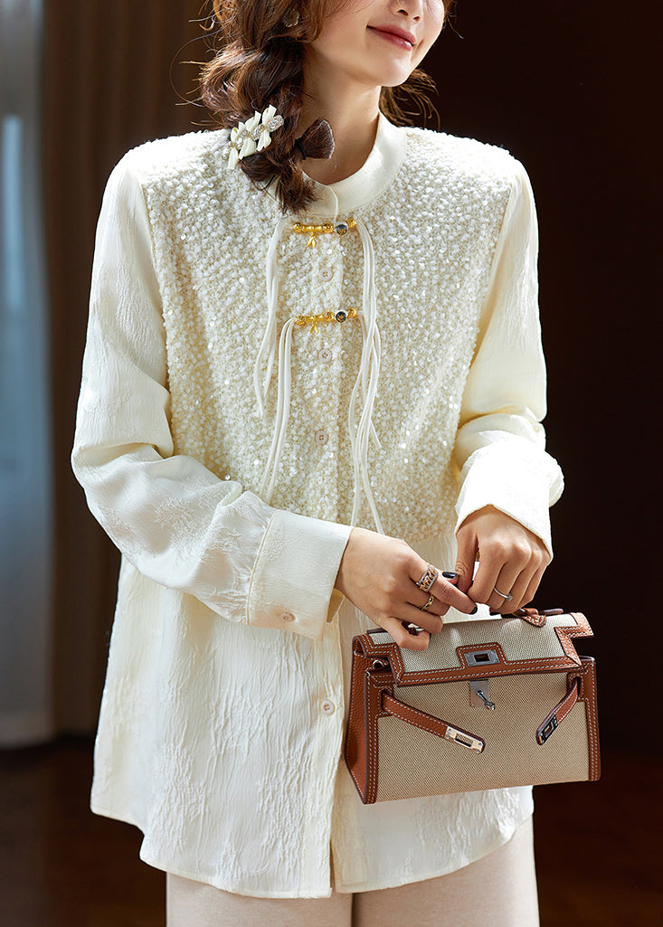 Beige Chinese Button Sequins Silk Shirt Long Sleeve