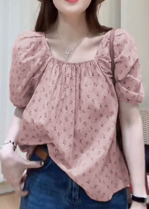 Khaki Square Collar Print Cotton Top Summer