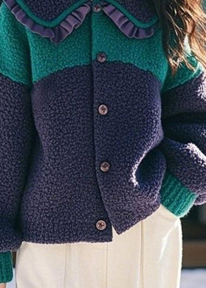 Navy Peter Pan Collar Ruffled Button Faux Fur Coat Spring