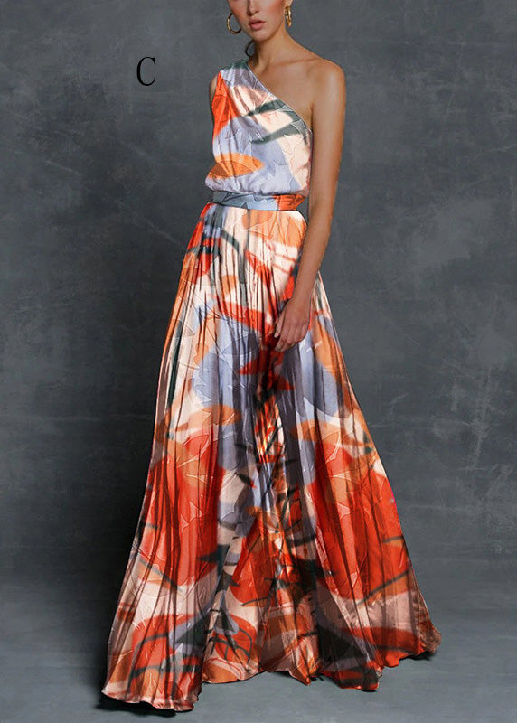 New One Shoulder Print Wrinkled Chiffon Dress Summer