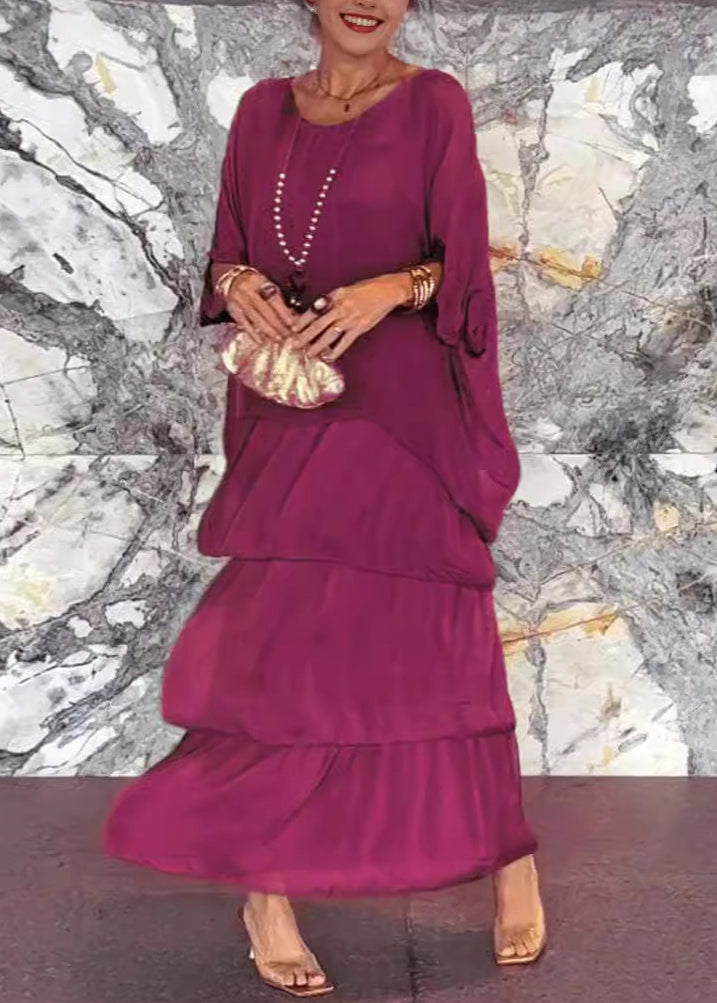 French Grey O Neck Chiffon Dresses Batwing Sleeve