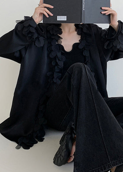 Original Design Black V Neck Patchwork Cotton Shirt Fall