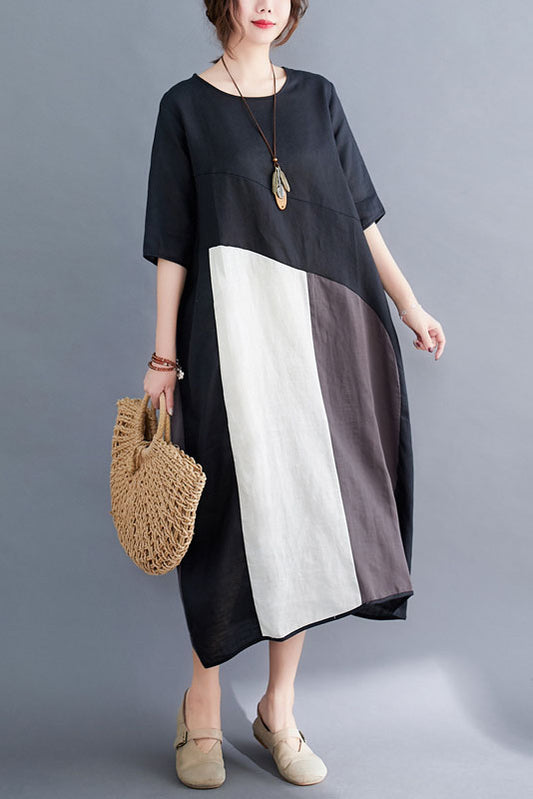 -summer Loose Colorblock Cotton Linen Dress