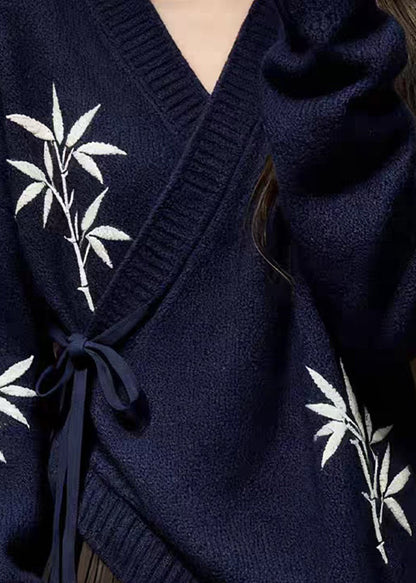 Navy Bamboo Print Lace Up Knit Sweaters V Neck Fall