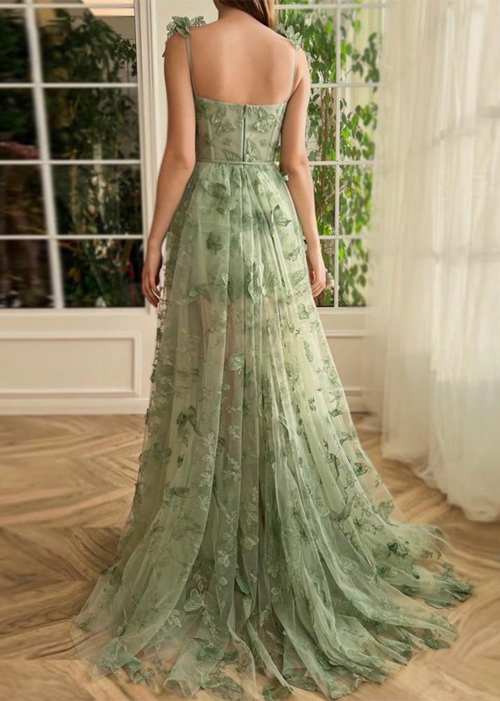 Green Butterfly Side Open Tulle Maxi Dresses Sleeveless