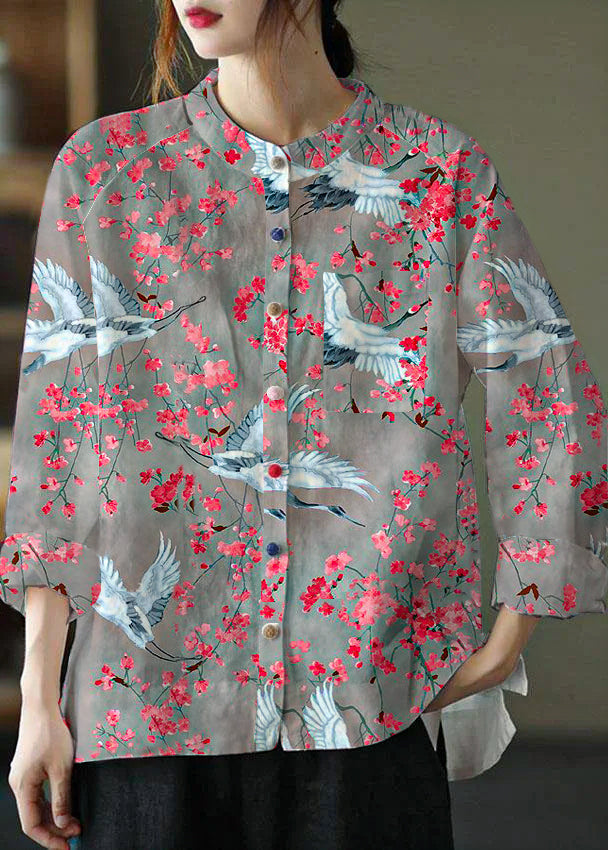 Modern Pink Flower Loose Patchwork Pockets Fall Long Sleeve Blouse Top