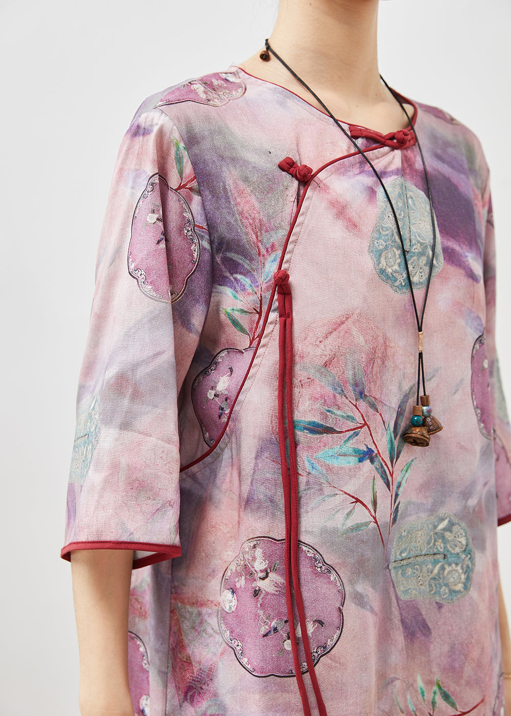 Purple Tasseled Print Cotton Cheongsam Dresses Summer