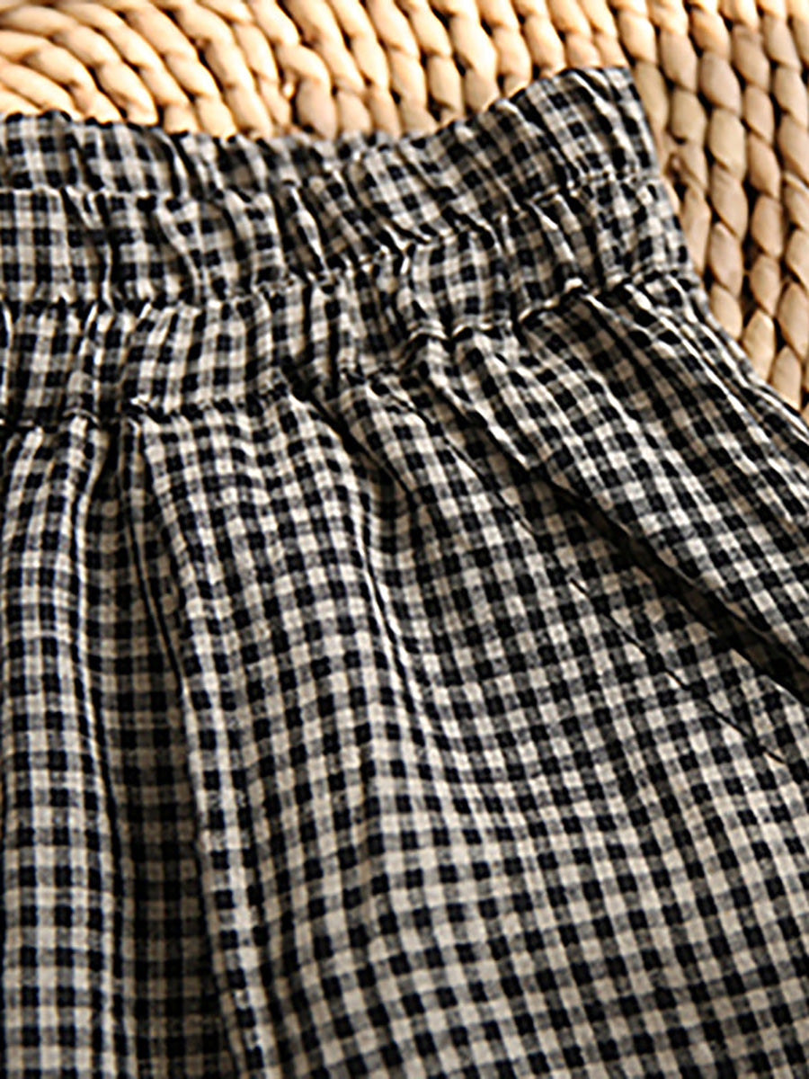 Hand-made Plaid Linen Wide Leg Pants