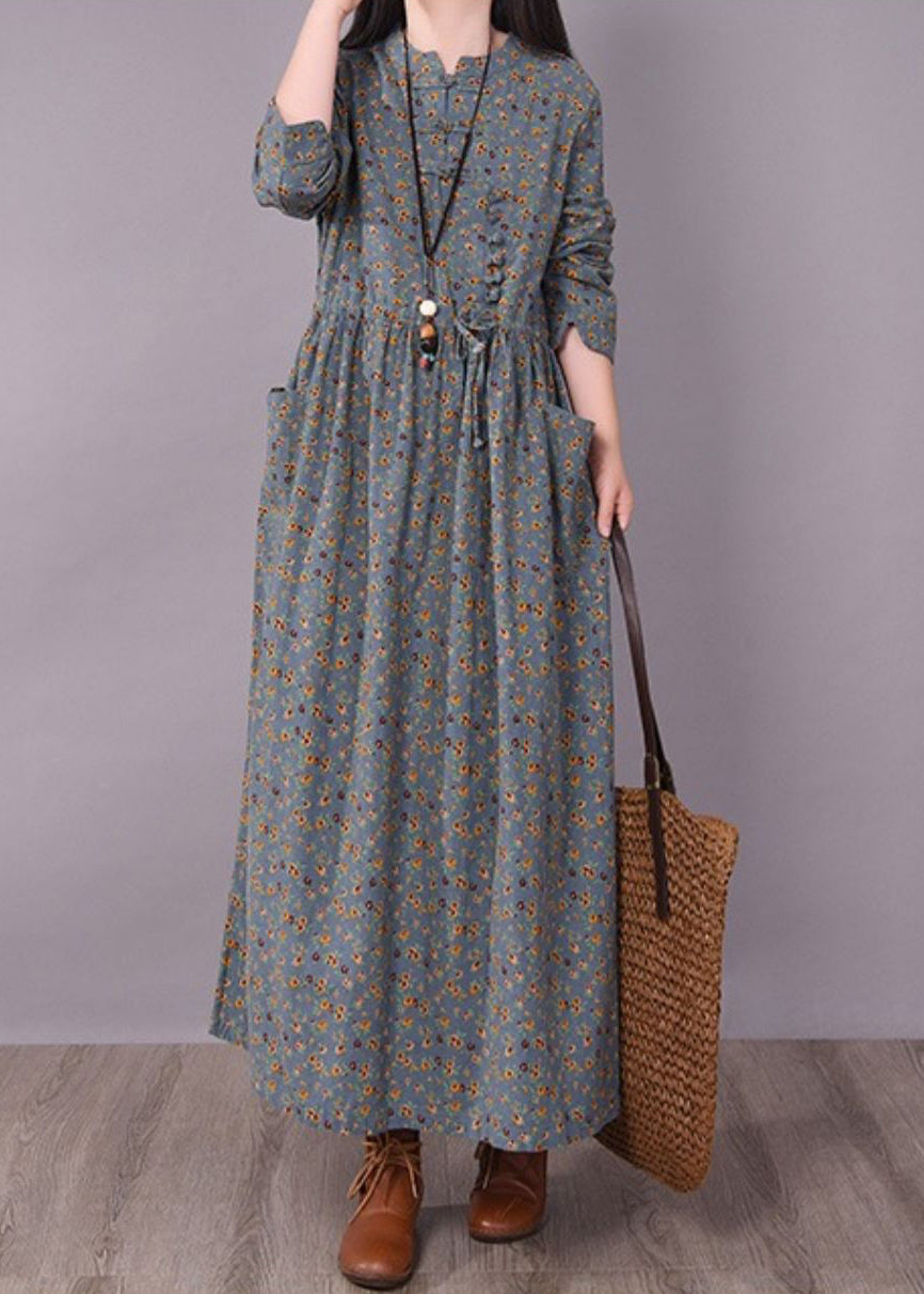 Grey Linen a Line Dresses Tie Waist Cinched Pocket Long Sleeve