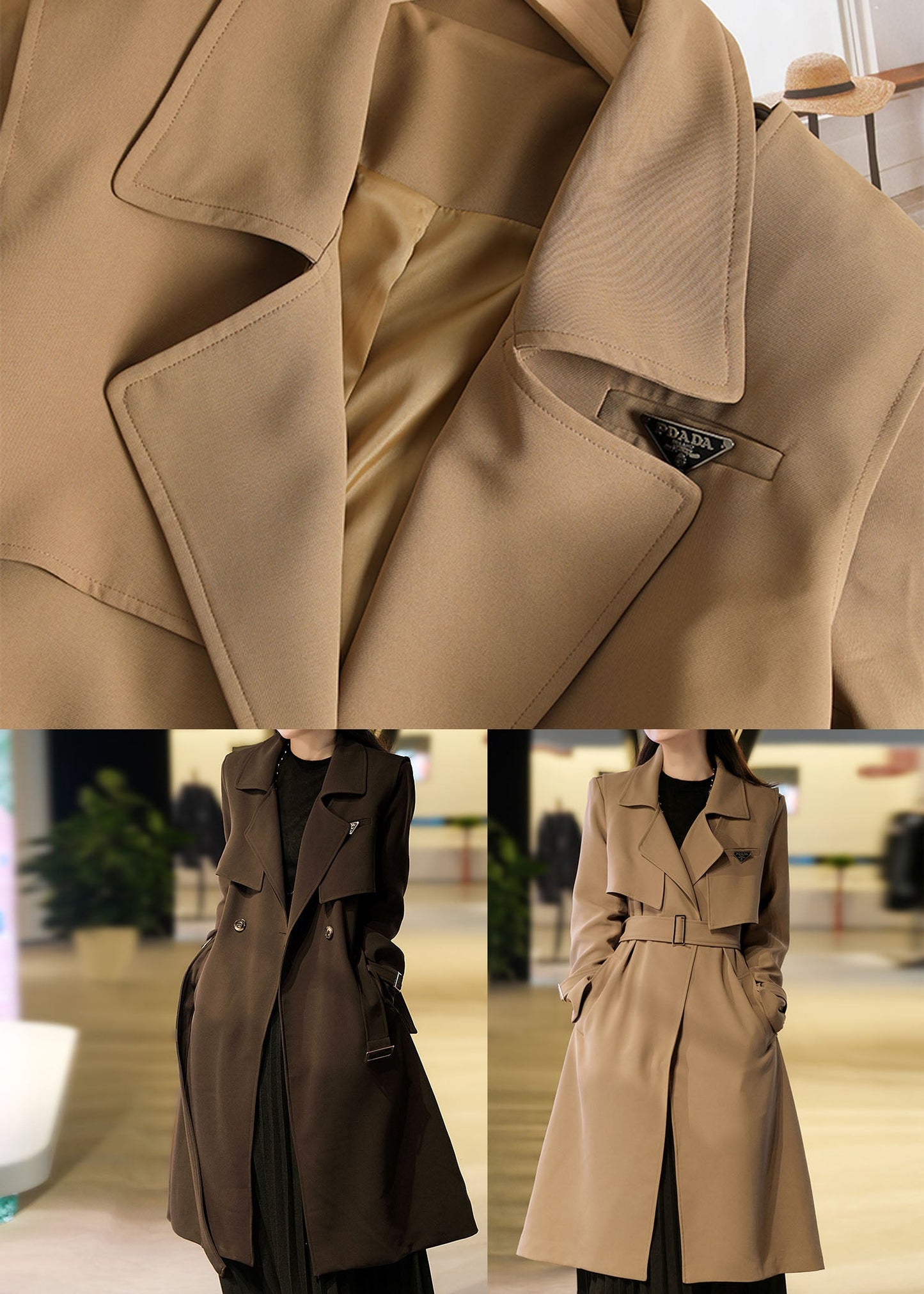 Khaki Spandex Trench Coats Two Piece Set Clothing Double Breast Fall