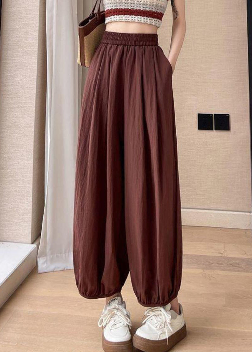 Brick Red Pockets Cotton Summer Crop Pants Elastic Waist