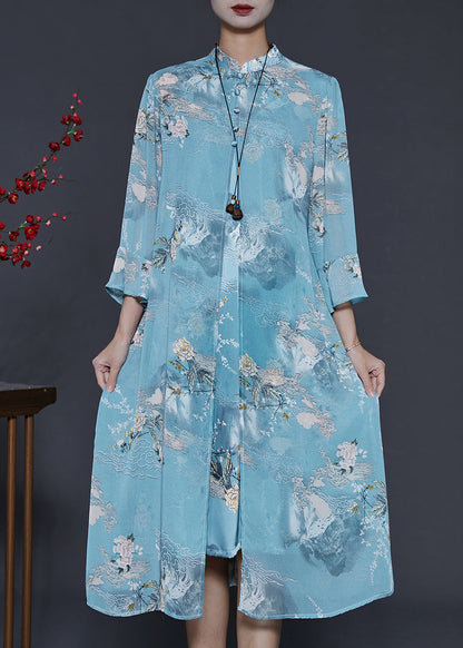 French Blue Mandarin Collar Print Chiffon Dresses Summer