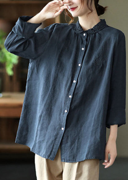 Handmade Pink Embroidered Lace Patchwork Linen Shirts Long Sleeve