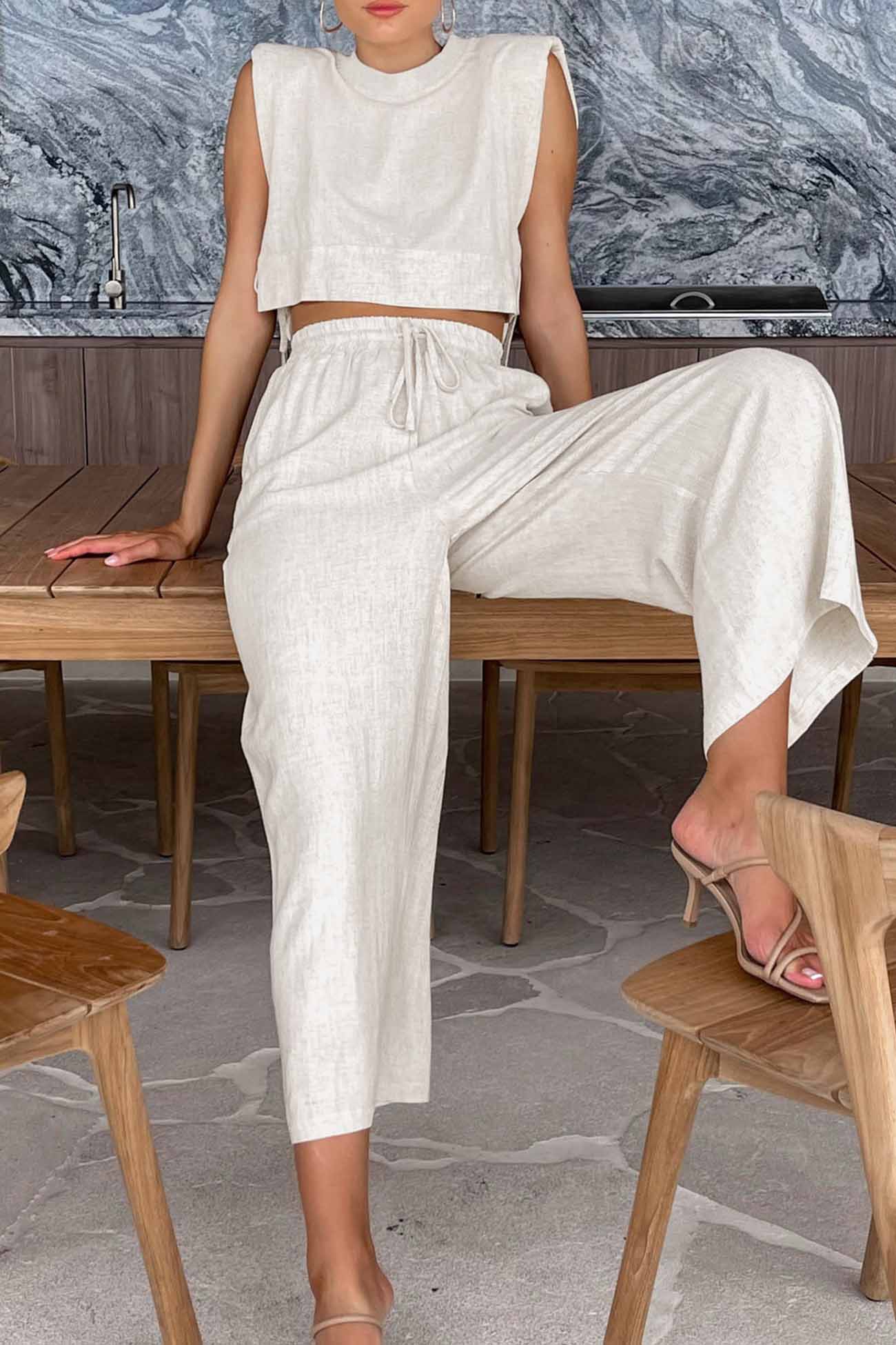Linen Crop Tops Sleeveless Lace Up Pant Set