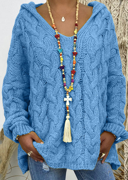 Blue V Neck Hooded Loose Knit Sweaters Fall
