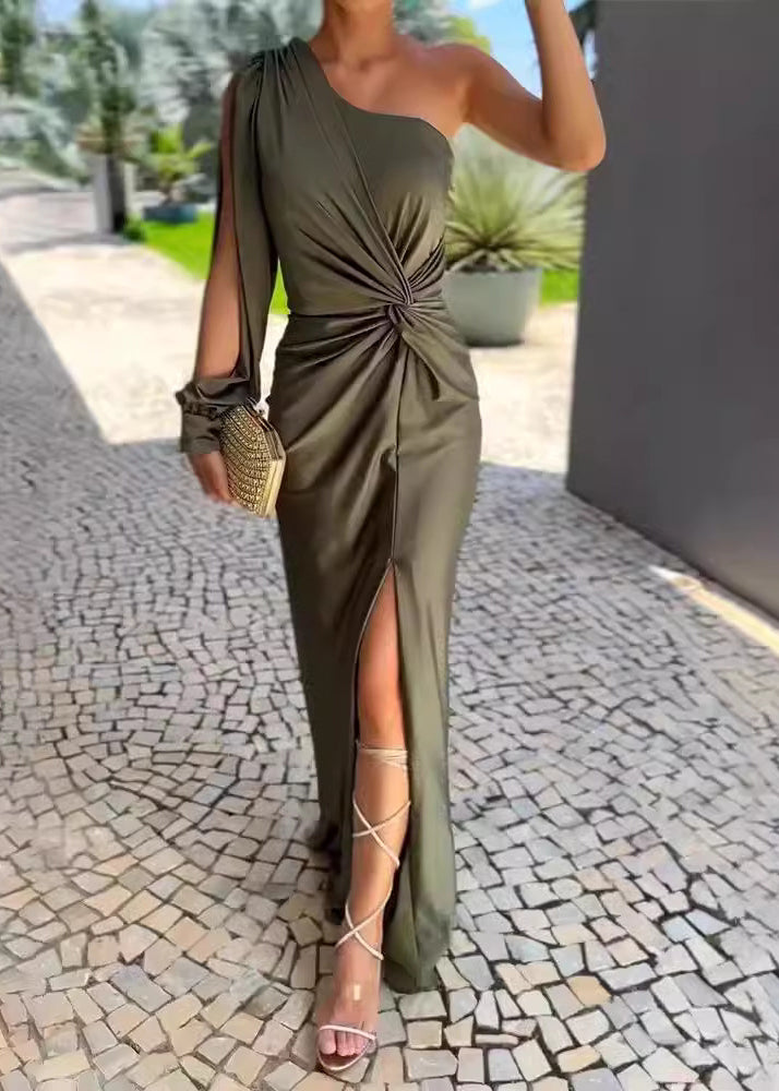 Italian Army Green One Shoulder Wrinkled Side Open Silk Dresses Summer