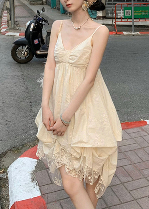 Beige V Neck Lace Cotton Mini Dresses Sleeveless