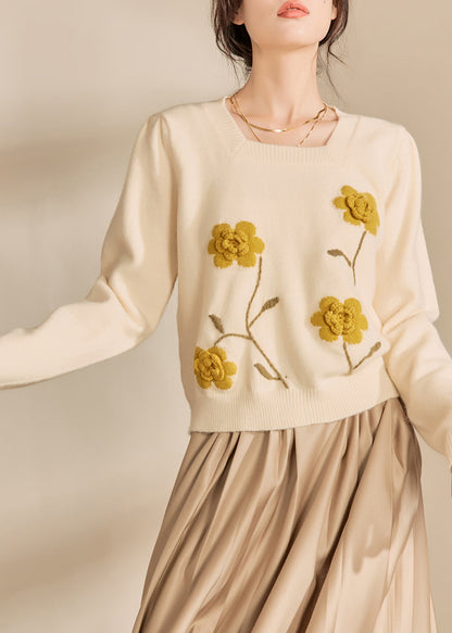 Light Yellow Square Collar Cotton Knit Sweaters Winter