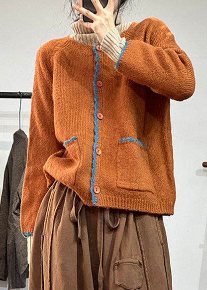 Orange Button Pockets Woolen Coats Fall