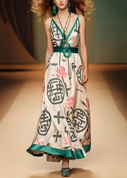 Khaki Cinched Print Silk Spaghetti Strap Dress Summer