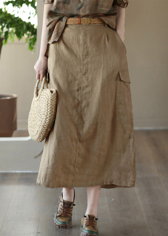 Classy Khaki Patchwork High Waist Linen a Line Skirts Summer